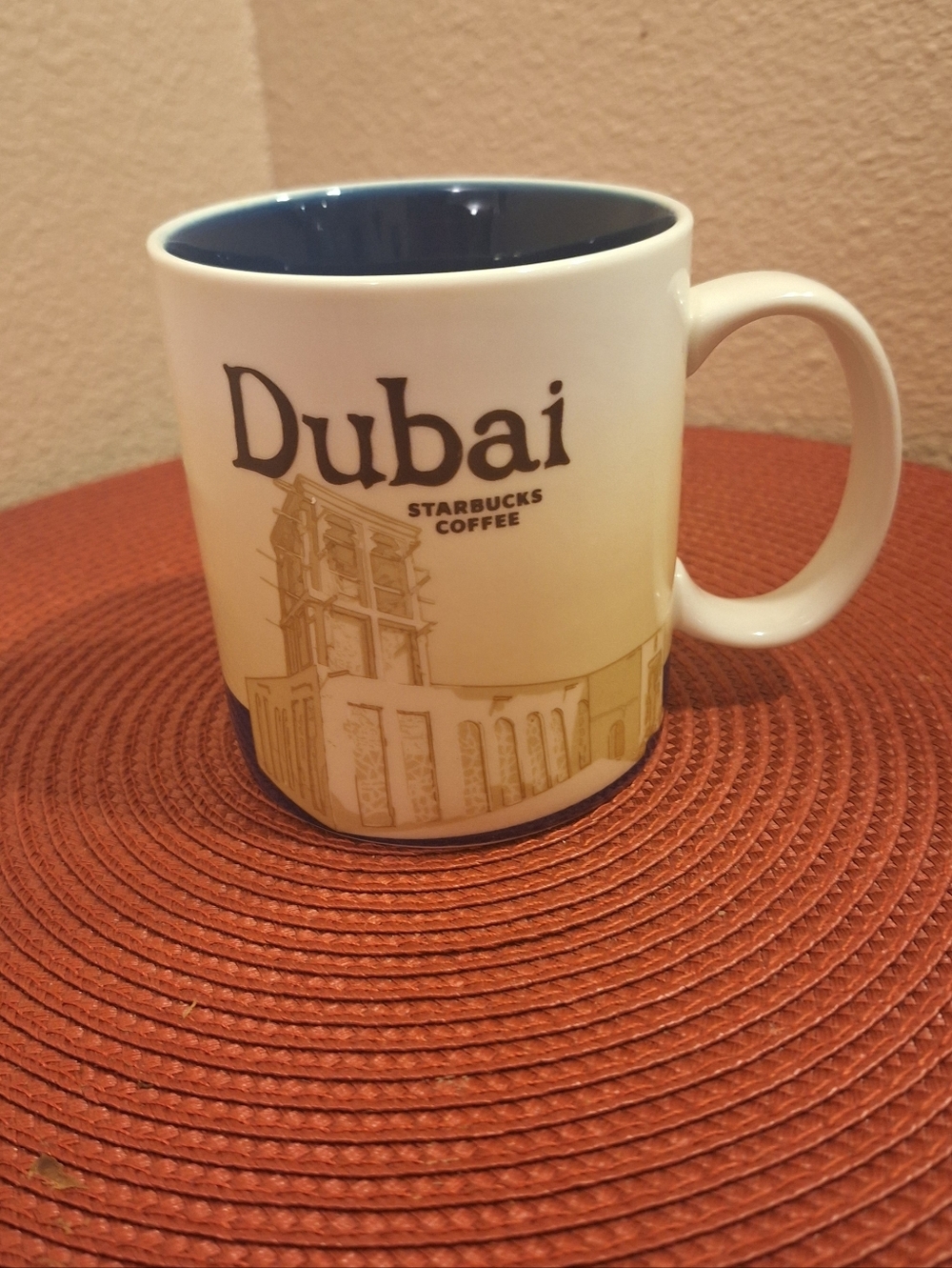 Starbucks Dubai Ceramic Mug - White Exterior with Blue Interior. 16 oz